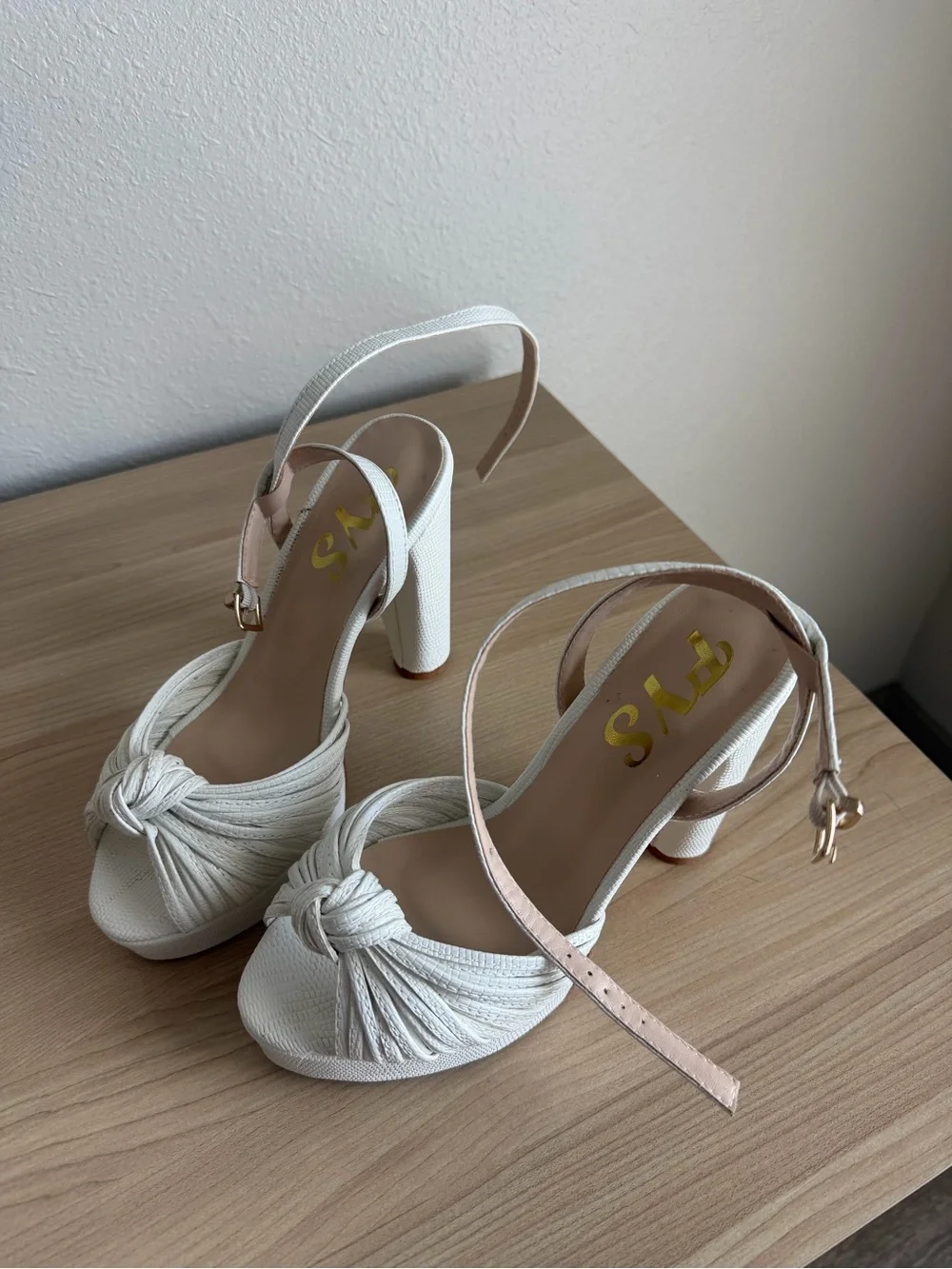 White Knotted Platform Heels with Ankle Strap - Women's Dress Sandals